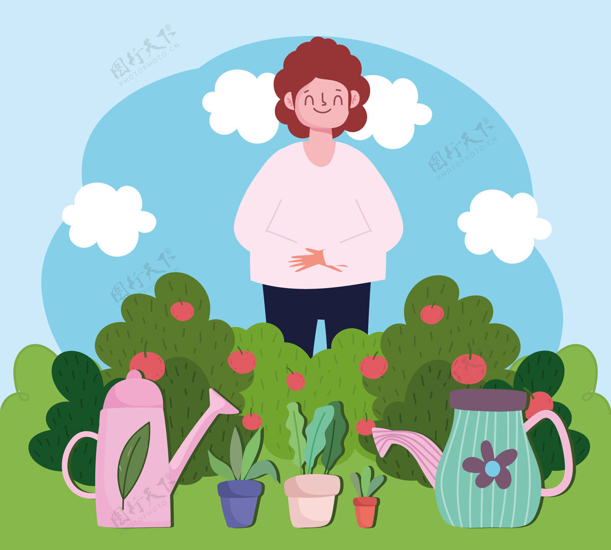 园艺园艺方面 快乐的女人可以用浇水罐在草地上盆栽插画环境叶新鲜