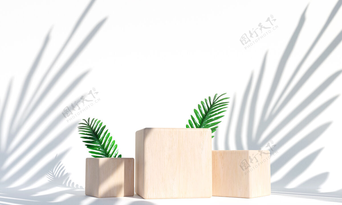 自然木质讲台 热带树叶产品展示的背景对象三维渲染舞台