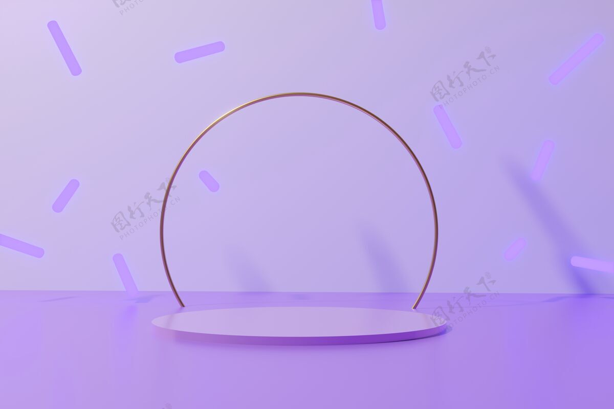 最小3d渲染紫色圆形讲台 有光泽的金色金属环和单色背景上掉落的霓虹灯棒支架产品抽象