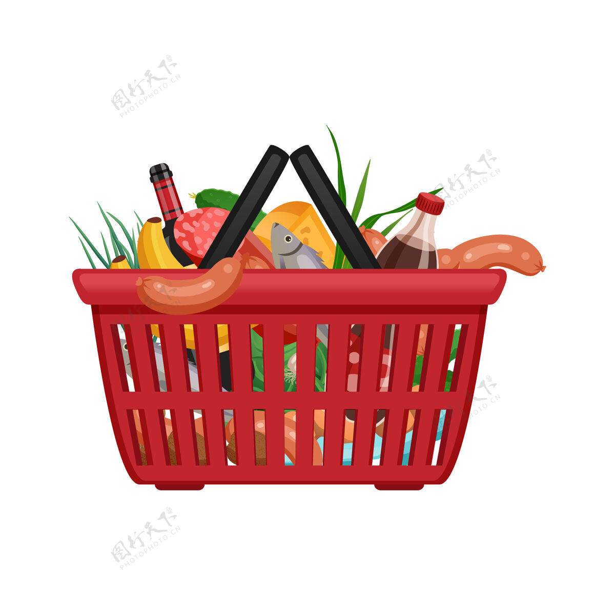 零售购物袋篮子组成与孤立的形象 产品在超市篮子食品销售纸箱