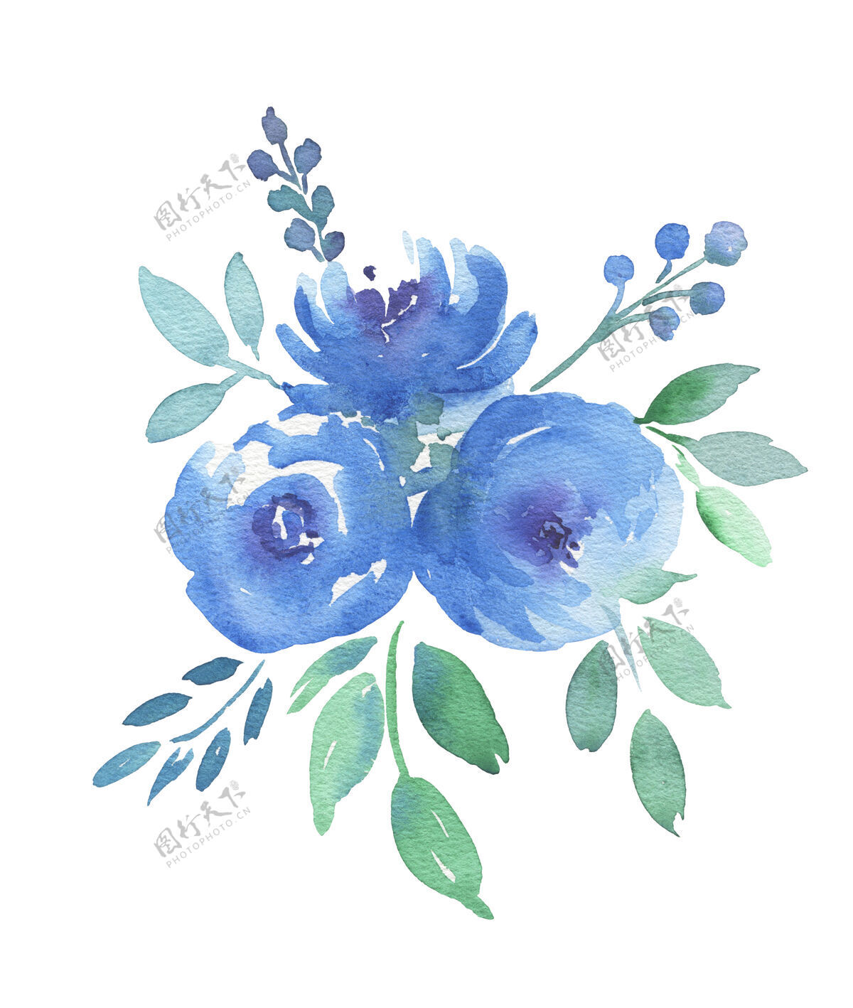 手手绘波西米亚水彩花卉插图与蓝色的花朵波西米亚时尚花卉