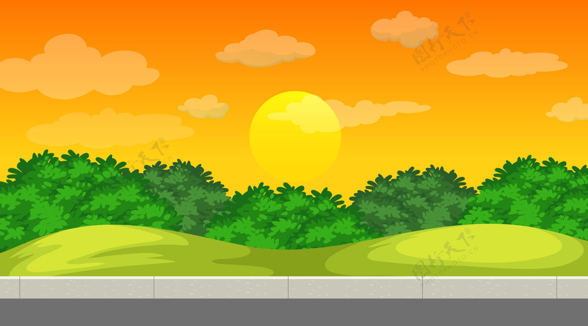 卡通日落时分 自然公园的一片空白温暖日落生态系统