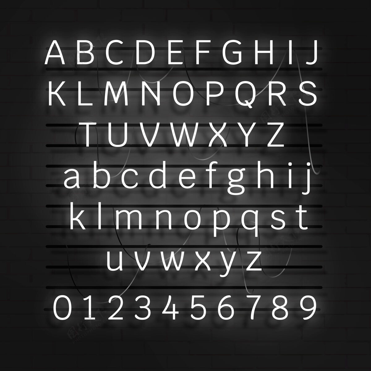 字体白色霓虹字母和数字设置在黑色背景上Abcd涂鸦字体