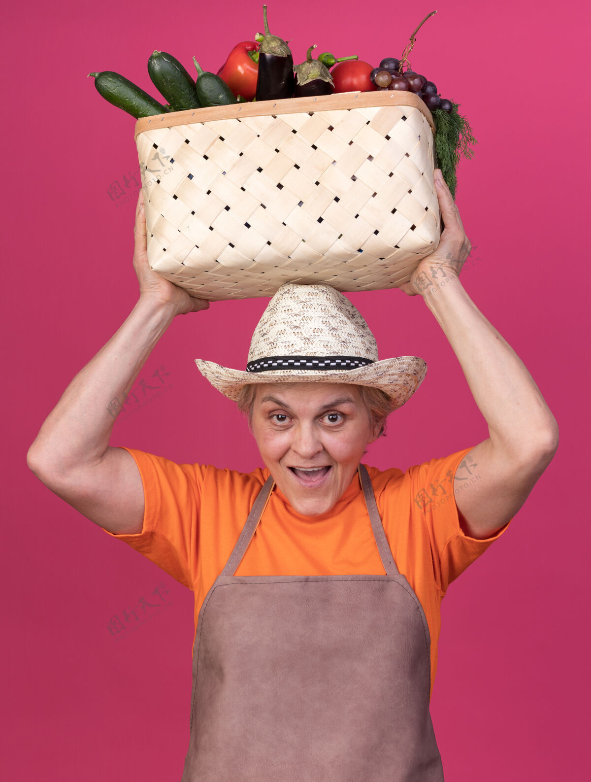 穿快乐的上了年纪的女园丁戴着园艺帽 头顶着菜篮子粉红色蔬菜举行