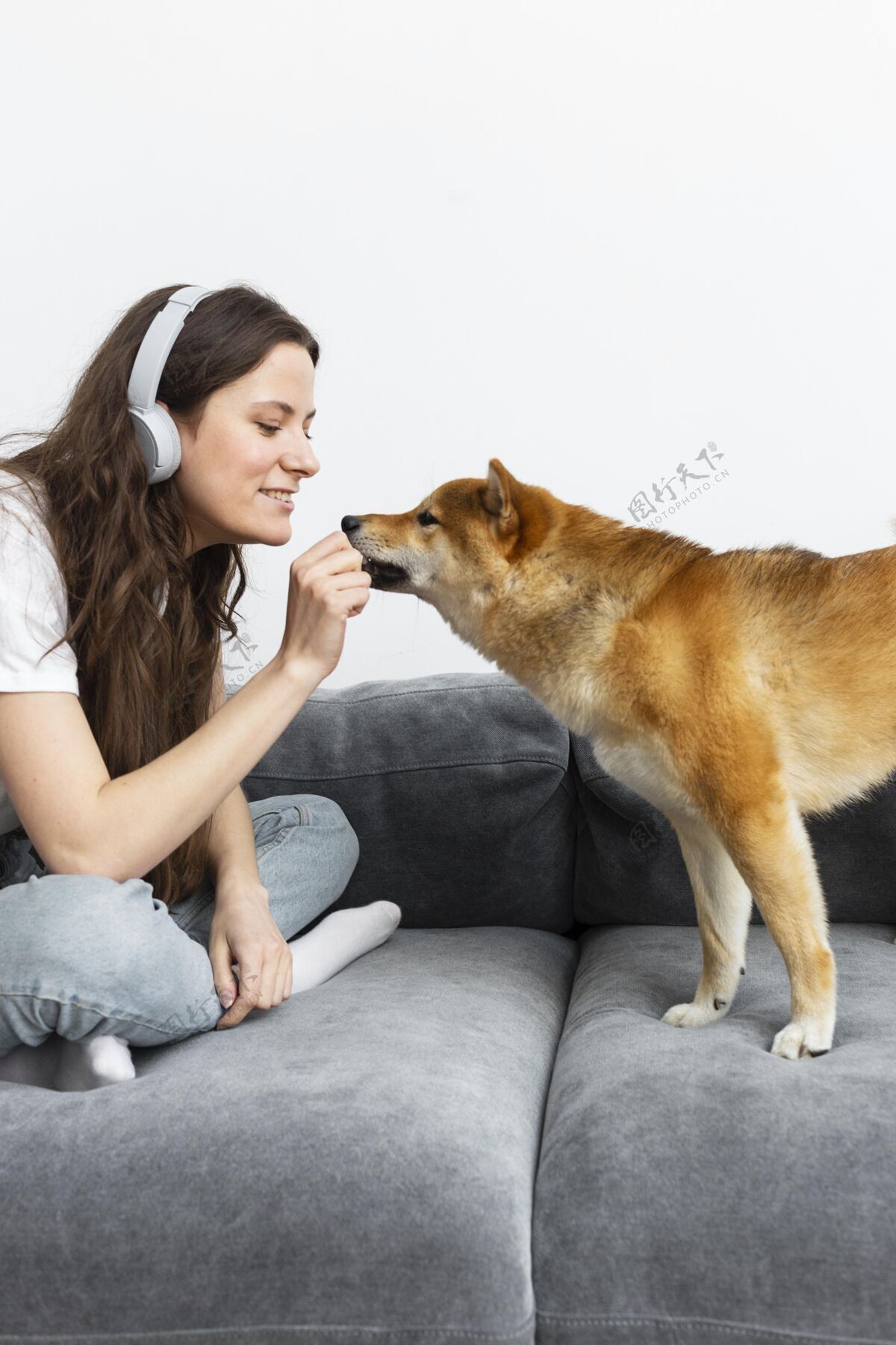 可爱和她的狗在一起的女人雌性房子主人