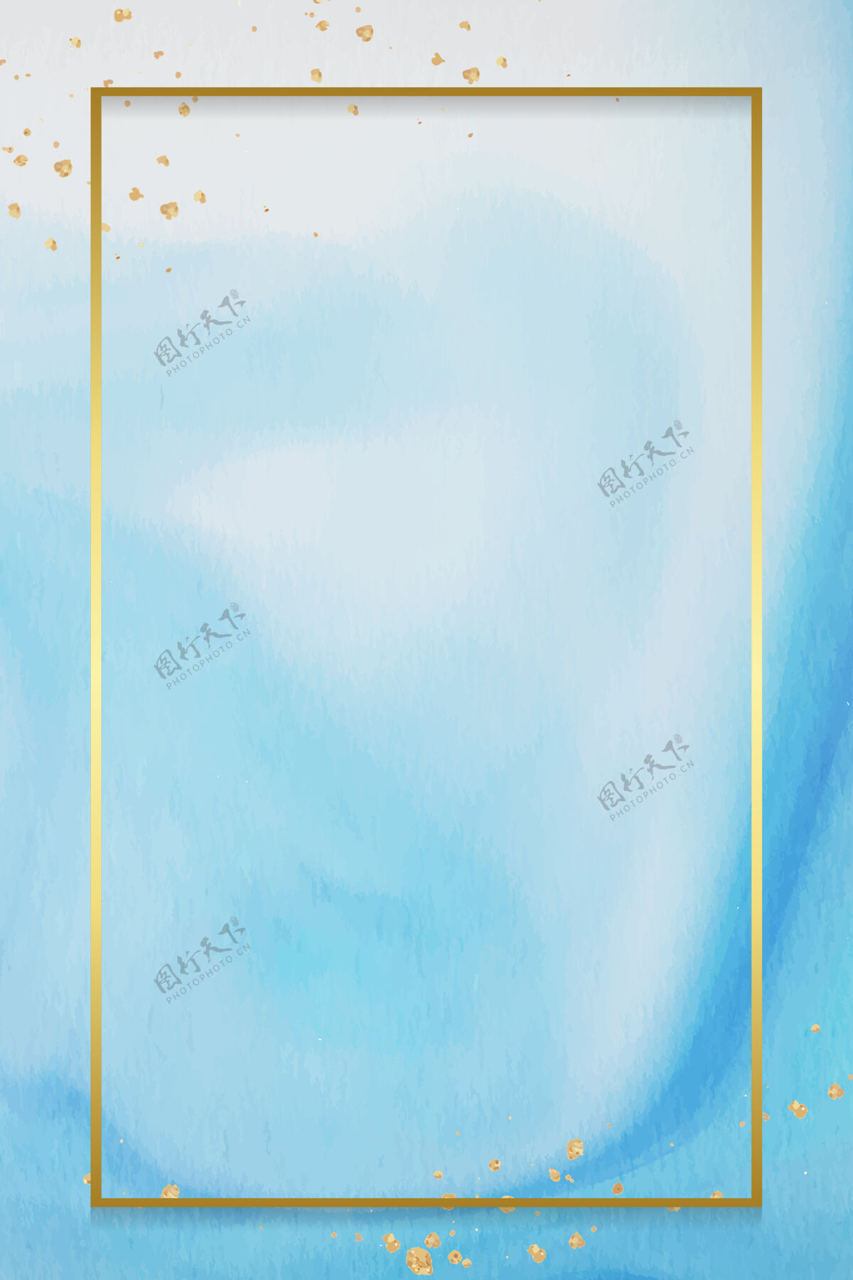 染料抽象蓝色水彩上的矩形金框背景框架闪光流体艺术