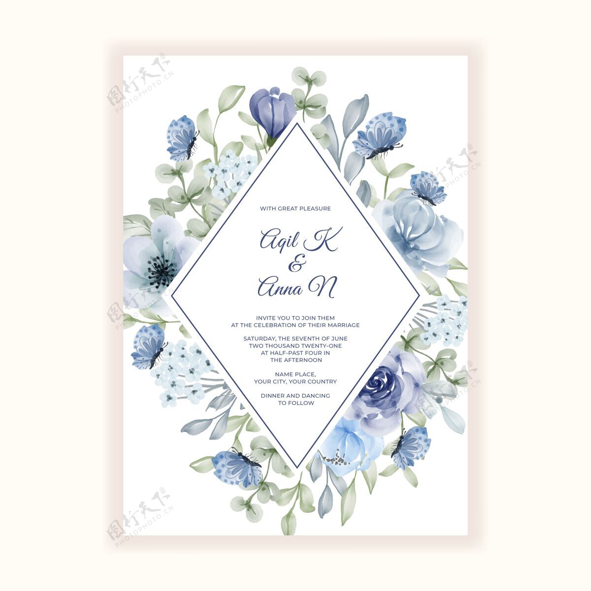 开花美丽的花蓝色的婚礼请柬框架庆典开花水彩