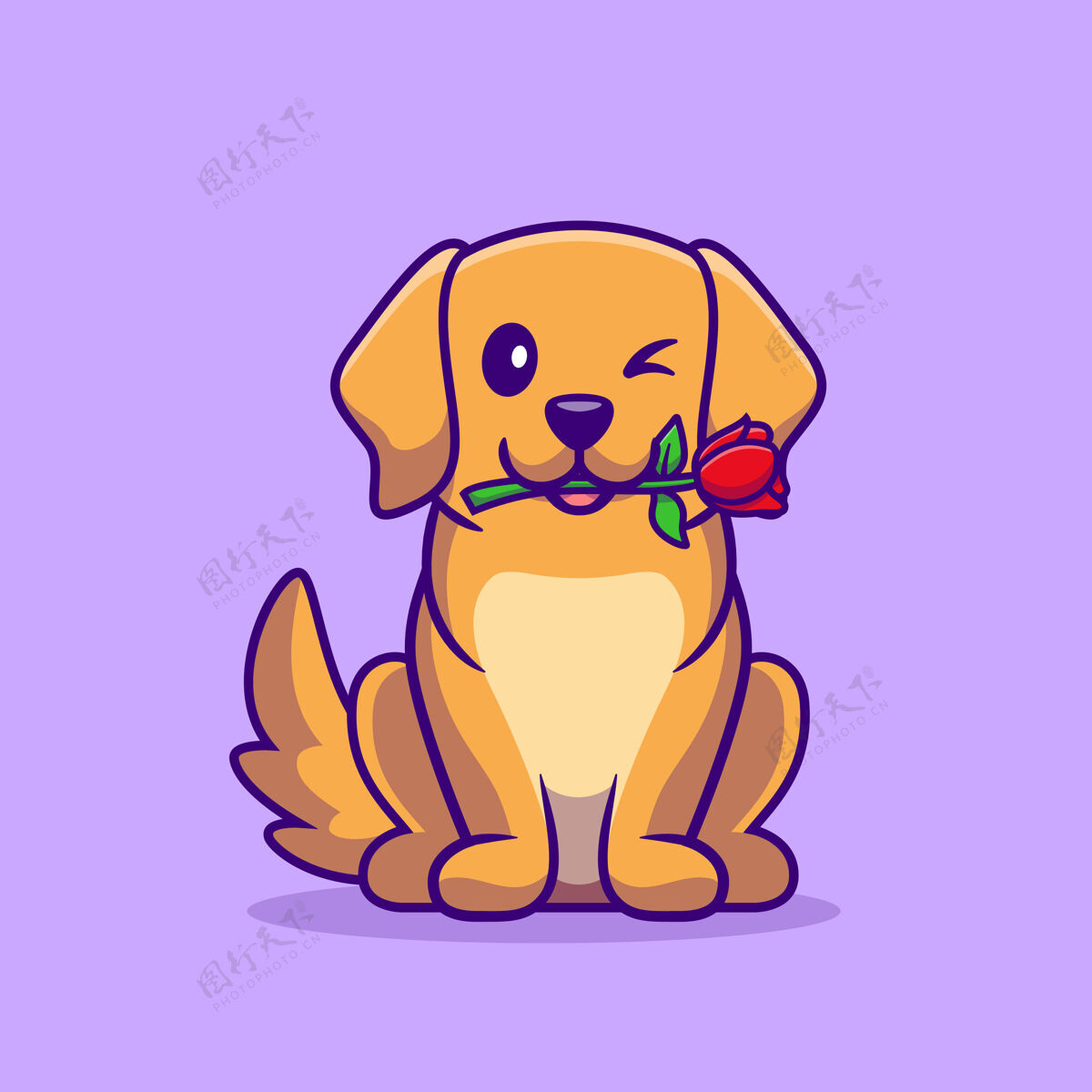 举行可爱的玫瑰花卡通插图狗坐着狗哺乳动物