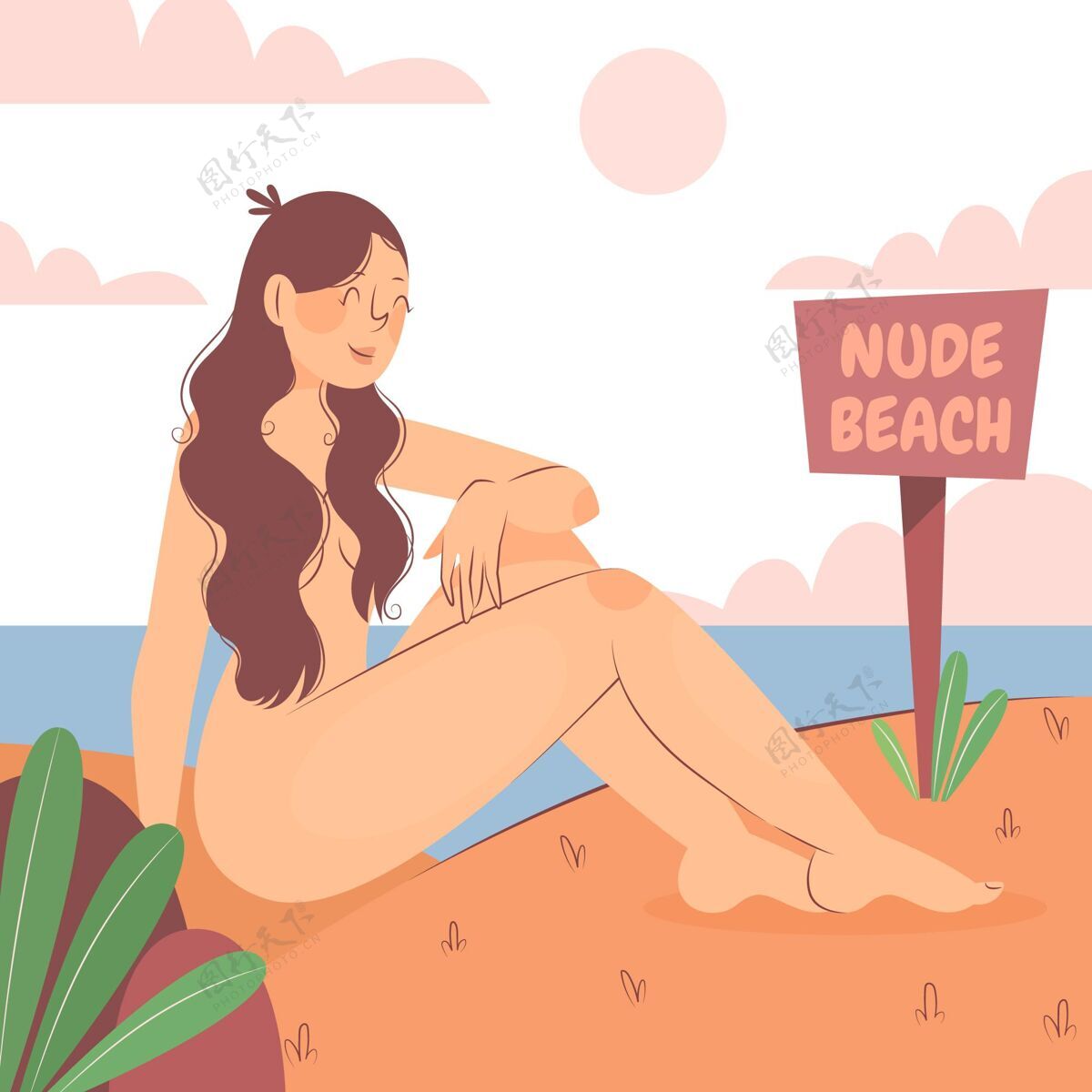 自然平面裸体主义概念插图海滩季节身体