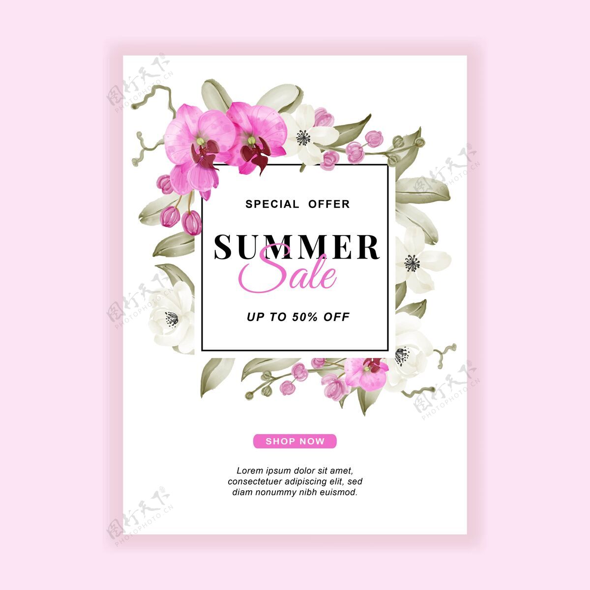 花卉夏季销售横幅传单与兰花粉色水彩画热带树叶植物兰花