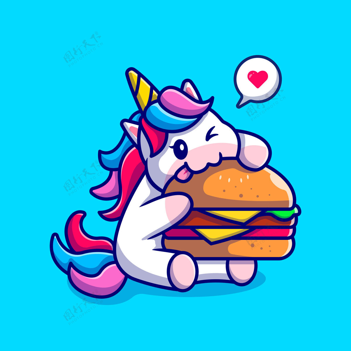 卡通可爱的独角兽吃汉堡包卡通人物动物隔离食品快餐吉祥物可爱
