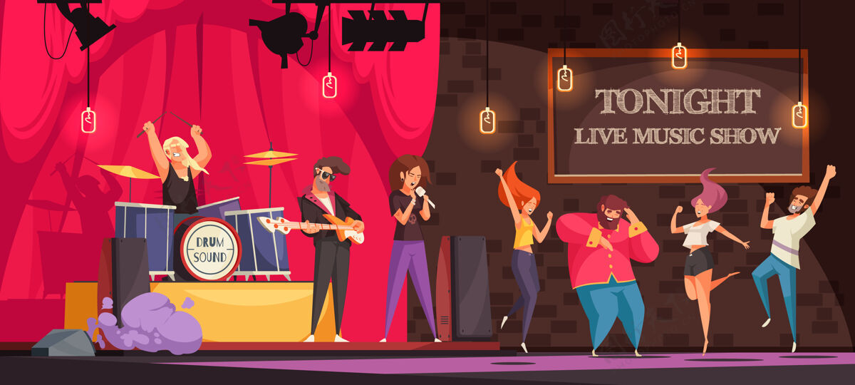 娱乐摇滚乐队在舞台上表演 人们在现场音乐表演中跳舞 卡通插画娱乐餐厅戏剧