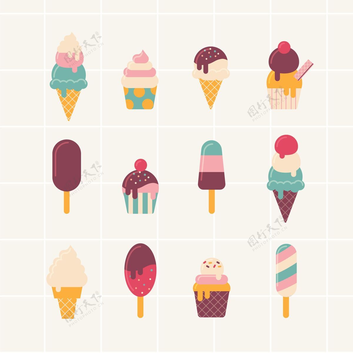 甜点美味冰淇淋收集平面设计美味套餐包装