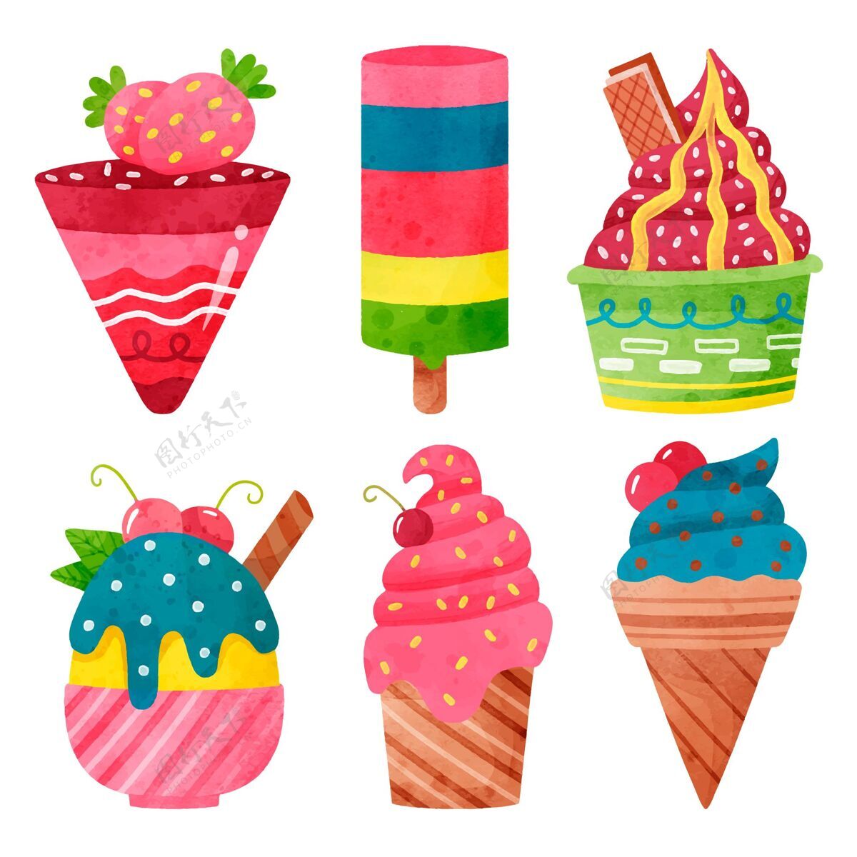 冰淇淋手绘水彩冰淇淋套装食品手绘凝胶