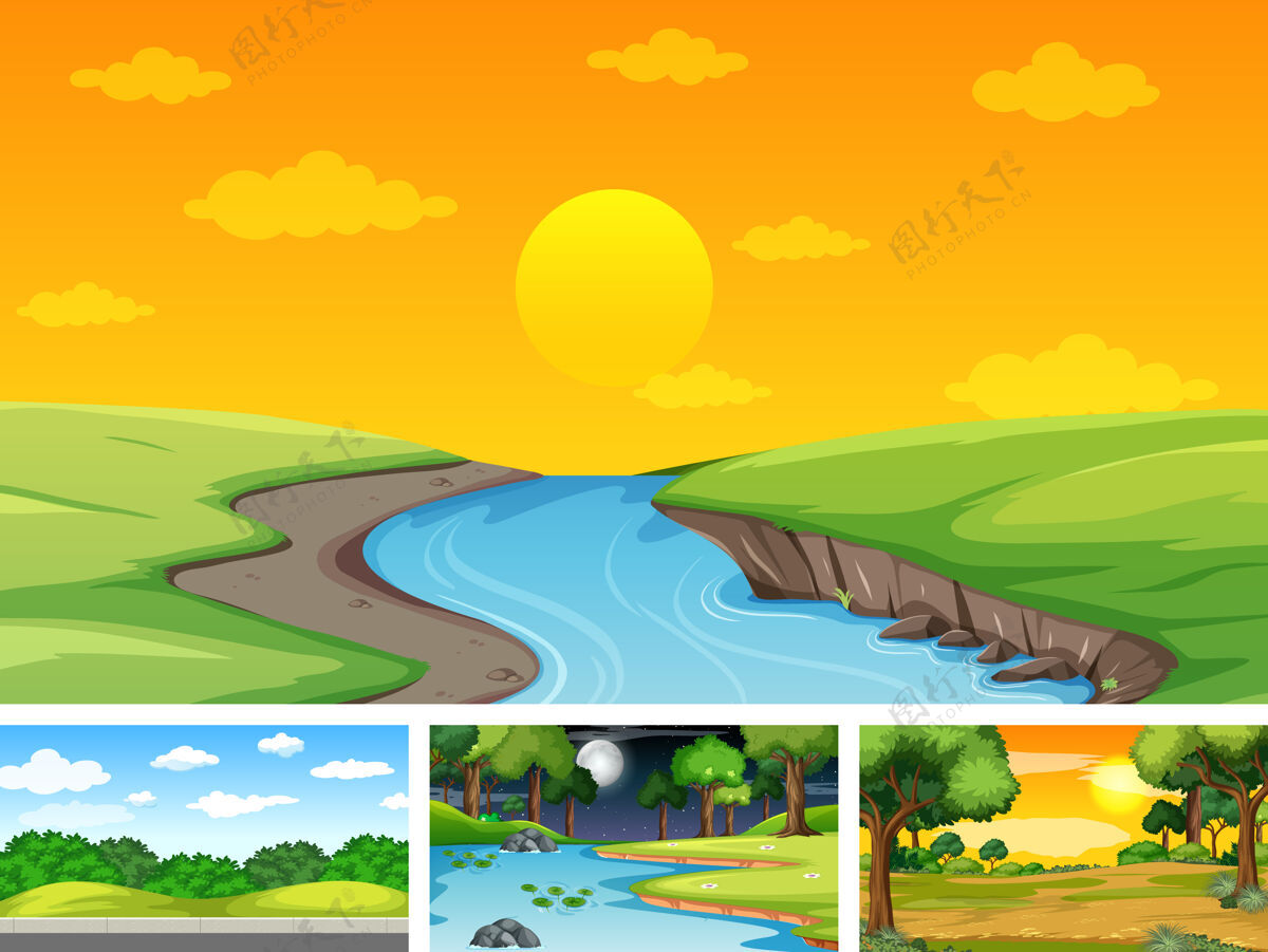 水四个不同的自然公园和森林场景太阳温暖天气