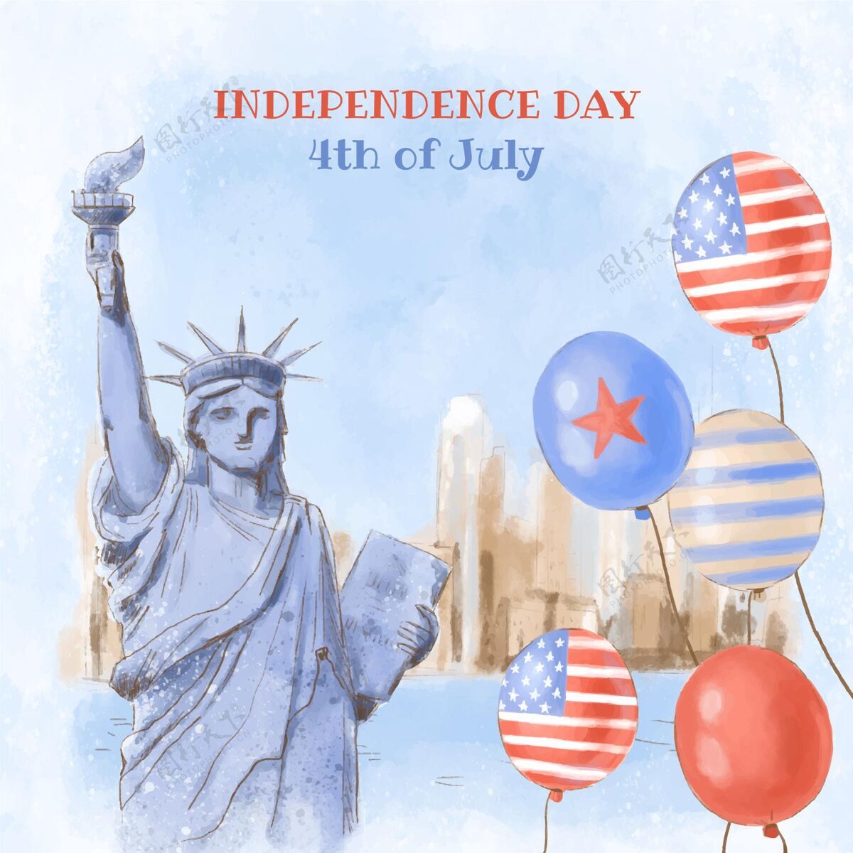 纪念手绘水彩画七月四日-独立日插画国家手绘美国