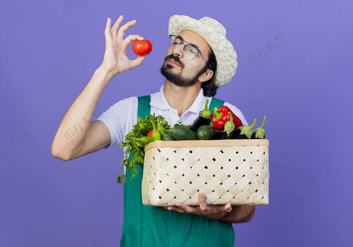 人年轻的留着胡须的园丁 穿着连体衣 戴着帽子 手里拿着装满蔬菜和新鲜西红柿的箱子 站在蓝色的墙壁上 好奇地看着它新鲜衣服胡须