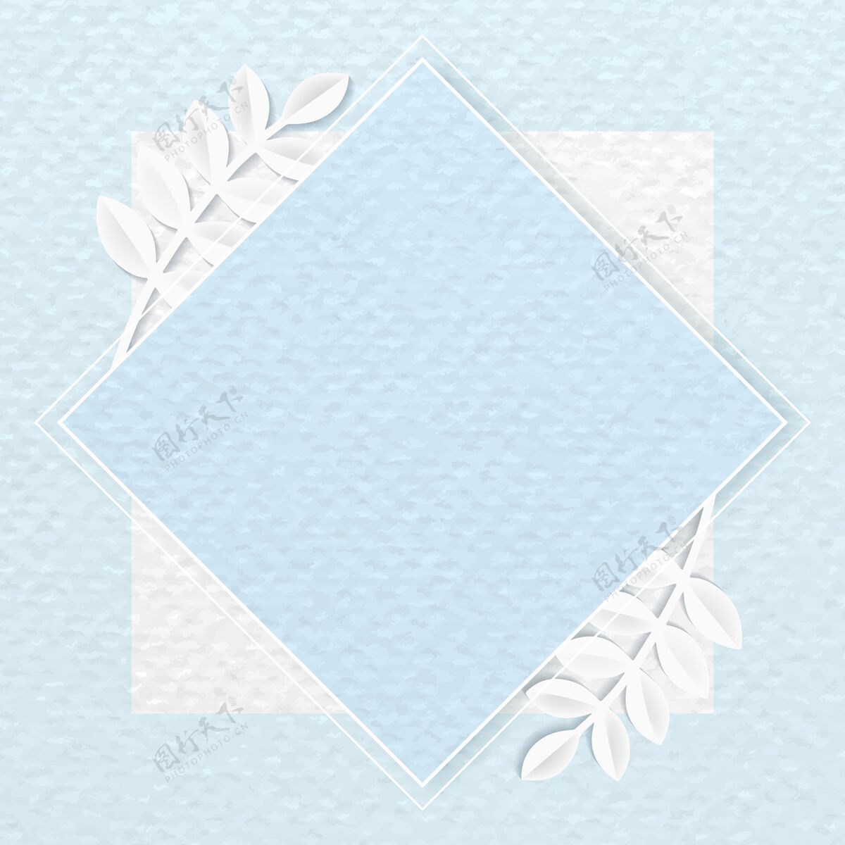 博客蓝色植物图案背景上的白色菱形框架热带树叶商业