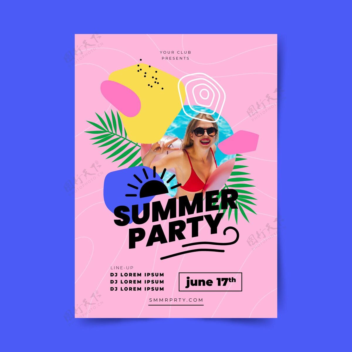 夏天传单平面夏季聚会垂直海报模板与照片聚会聚会传单垂直
