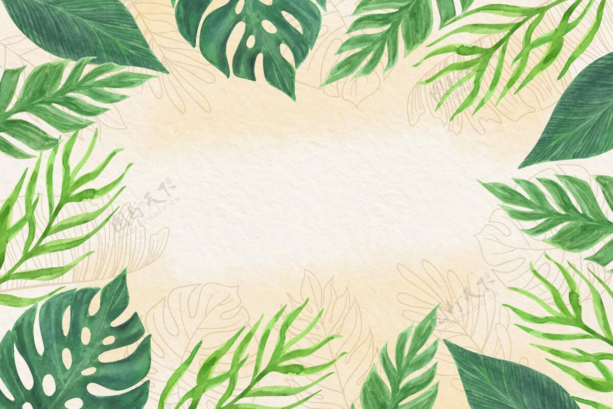 热带叶子墙纸手绘水彩画热带树叶背景夏天背景手绘夏天
