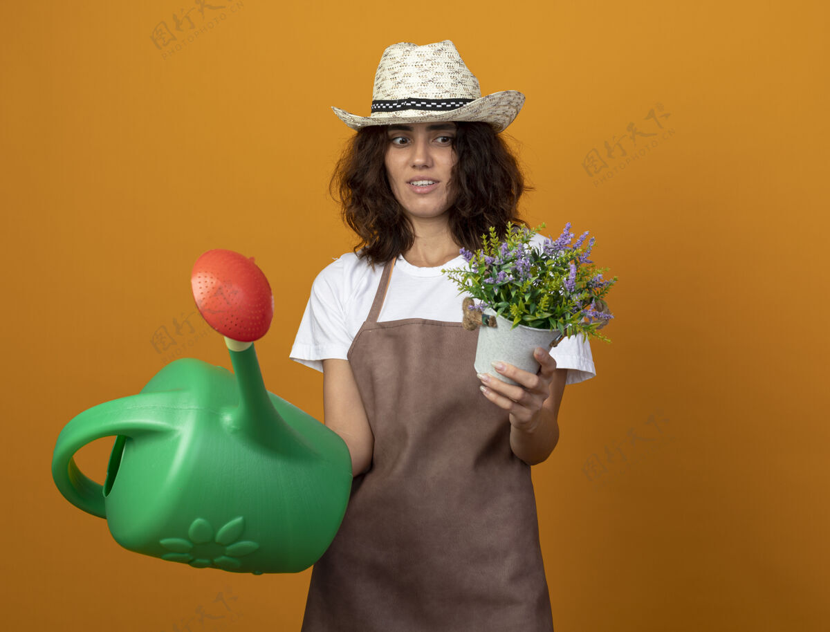 帽子想着穿着制服的年轻女园丁戴着园艺帽 手里拿着浇水罐 看着花盆里的花手花浇水