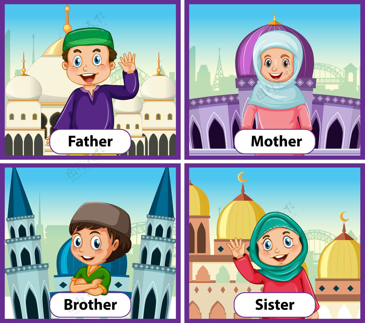 教育穆斯林家庭成员教育英语单词卡穆斯林空虚家庭