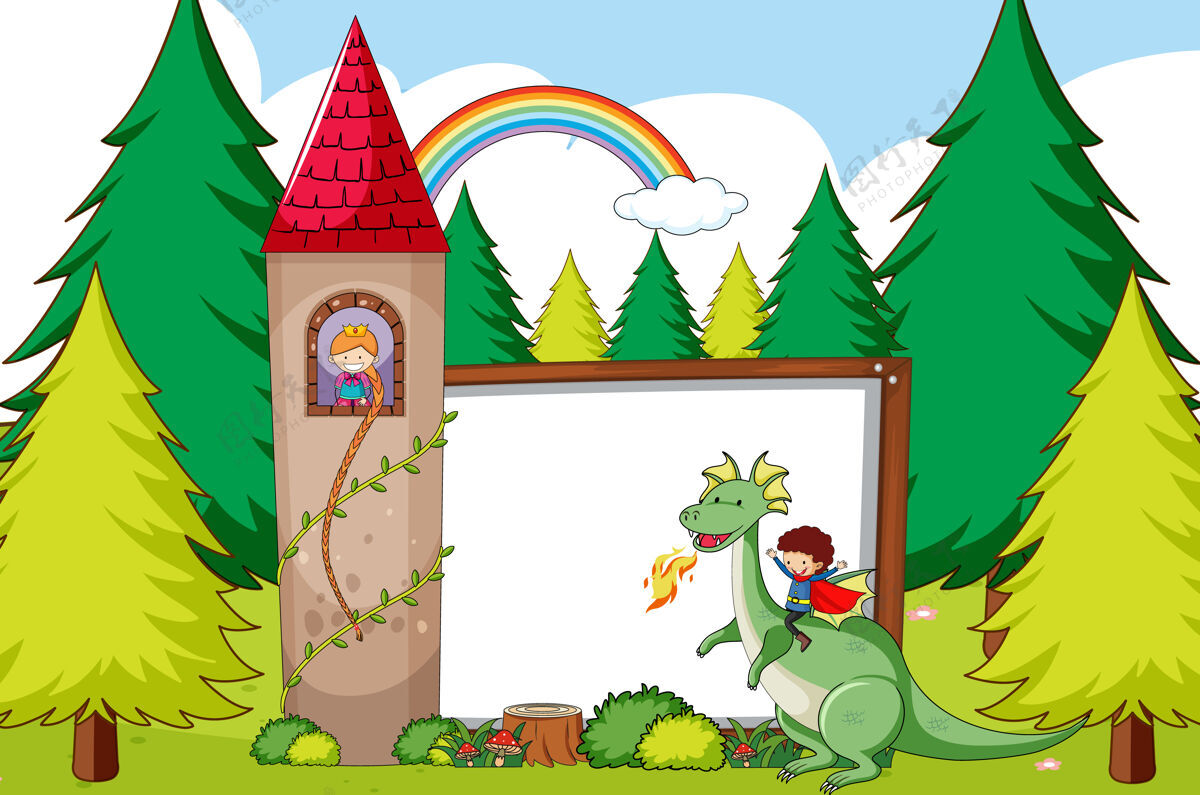 空白童话模板与森林和空白横幅卡通框架结构