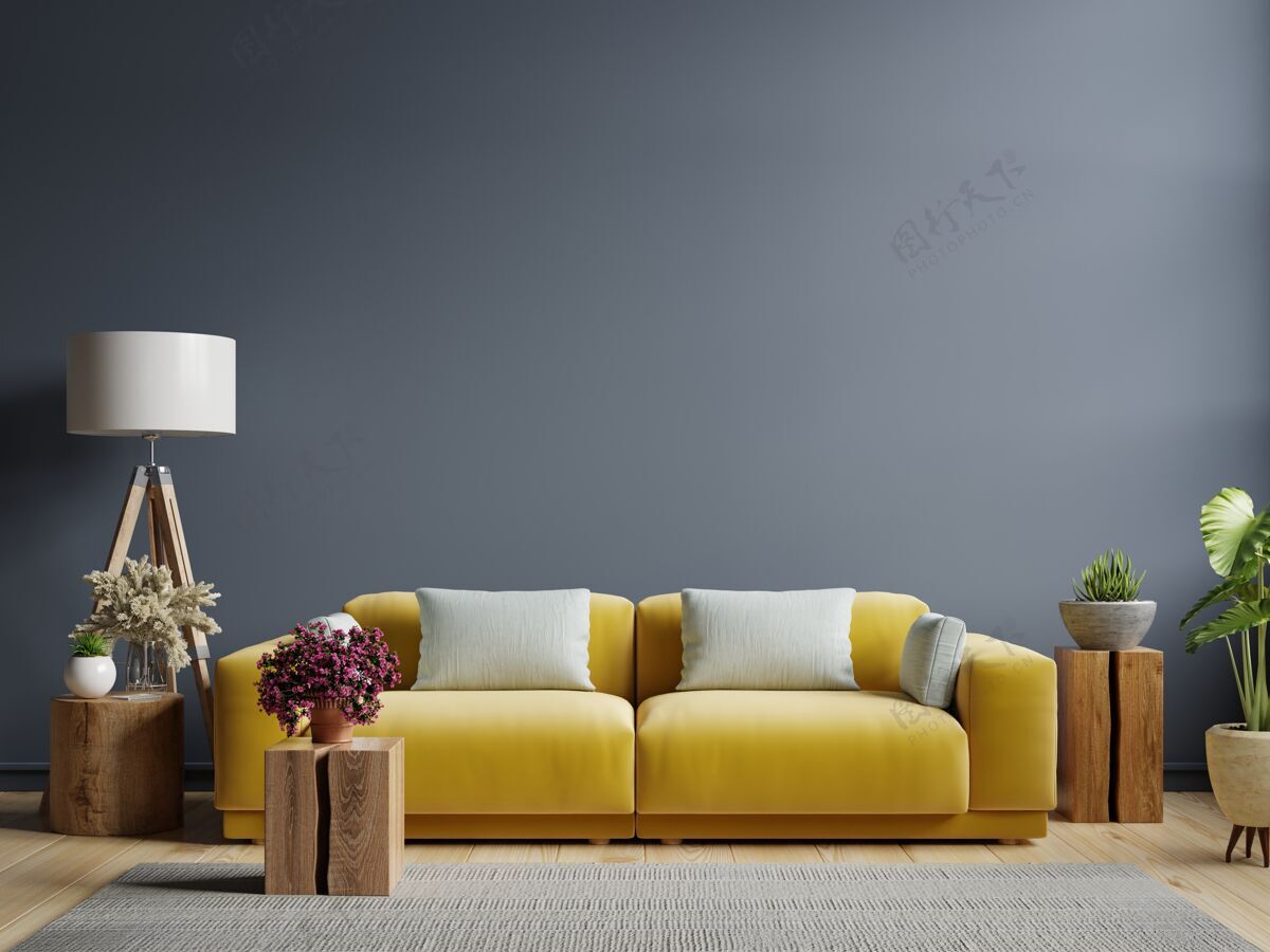 明亮室内深蓝色墙壁 黄色沙发和客厅装饰现代3d日出
