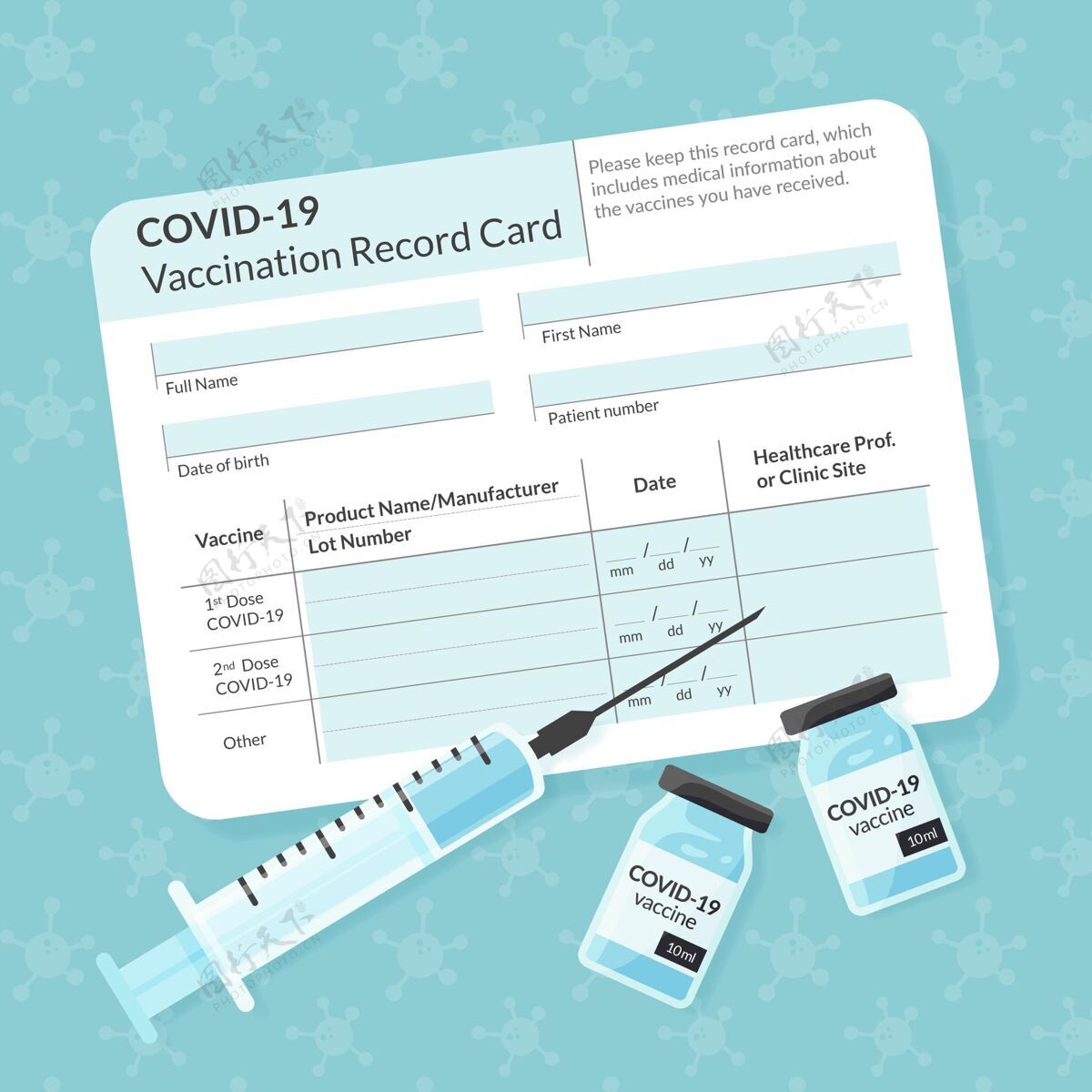平面设计有机平板冠状病毒疫苗接种记录卡模板手绘疫苗流行病