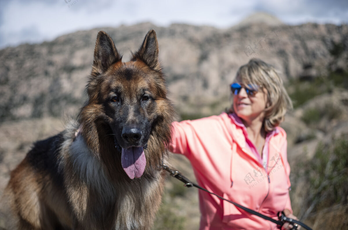 人女徒步旅行者和她的狗休息 享受新鲜空气狗徒步旅行徒步旅行者