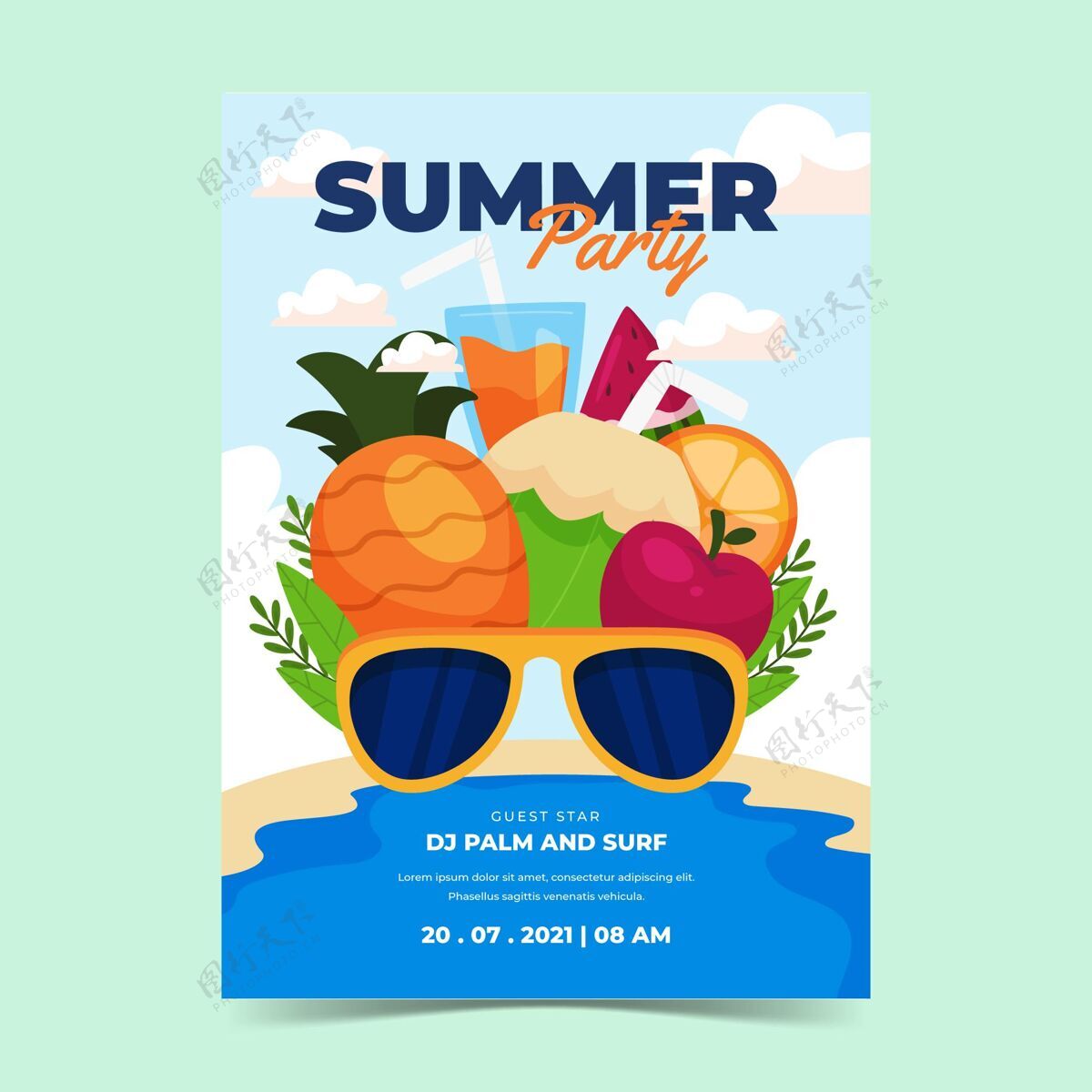 派对传单有机平面夏季派对垂直海报模板夏季夏季派对准备印刷