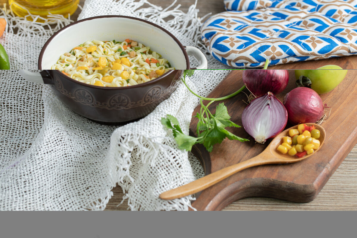 粗麻布木板上的蔬菜和一碗面条玉米美味洋葱