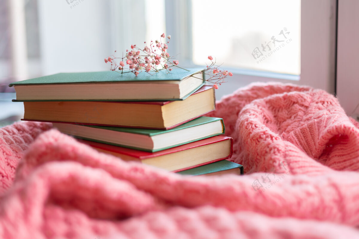 花一堆红绿相间的书 粉色温暖的针织毛衣上挂着干花放松休闲知识