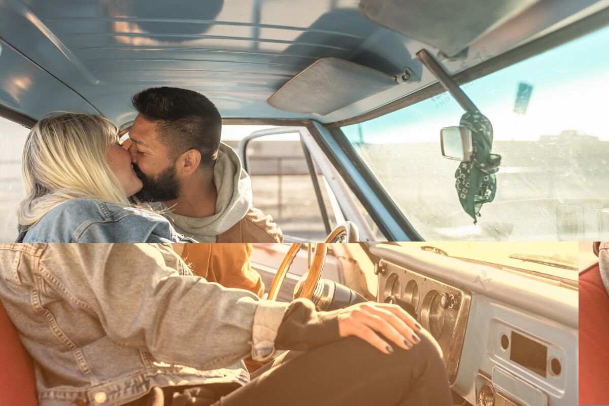 休闲服年轻夫妇在车里接吻亲吻旅行汽车旅行