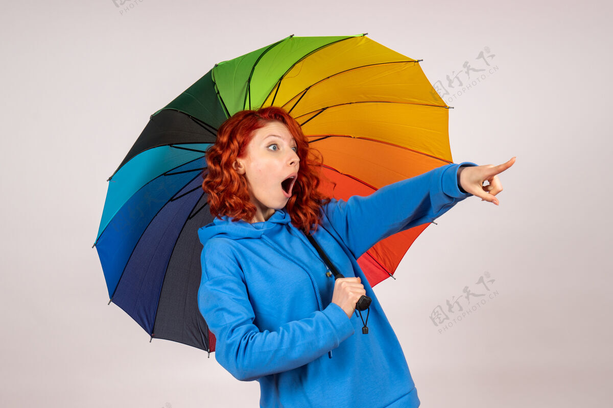 伞白色墙壁上带着彩色伞的年轻女性的正视图掩护前面彩虹