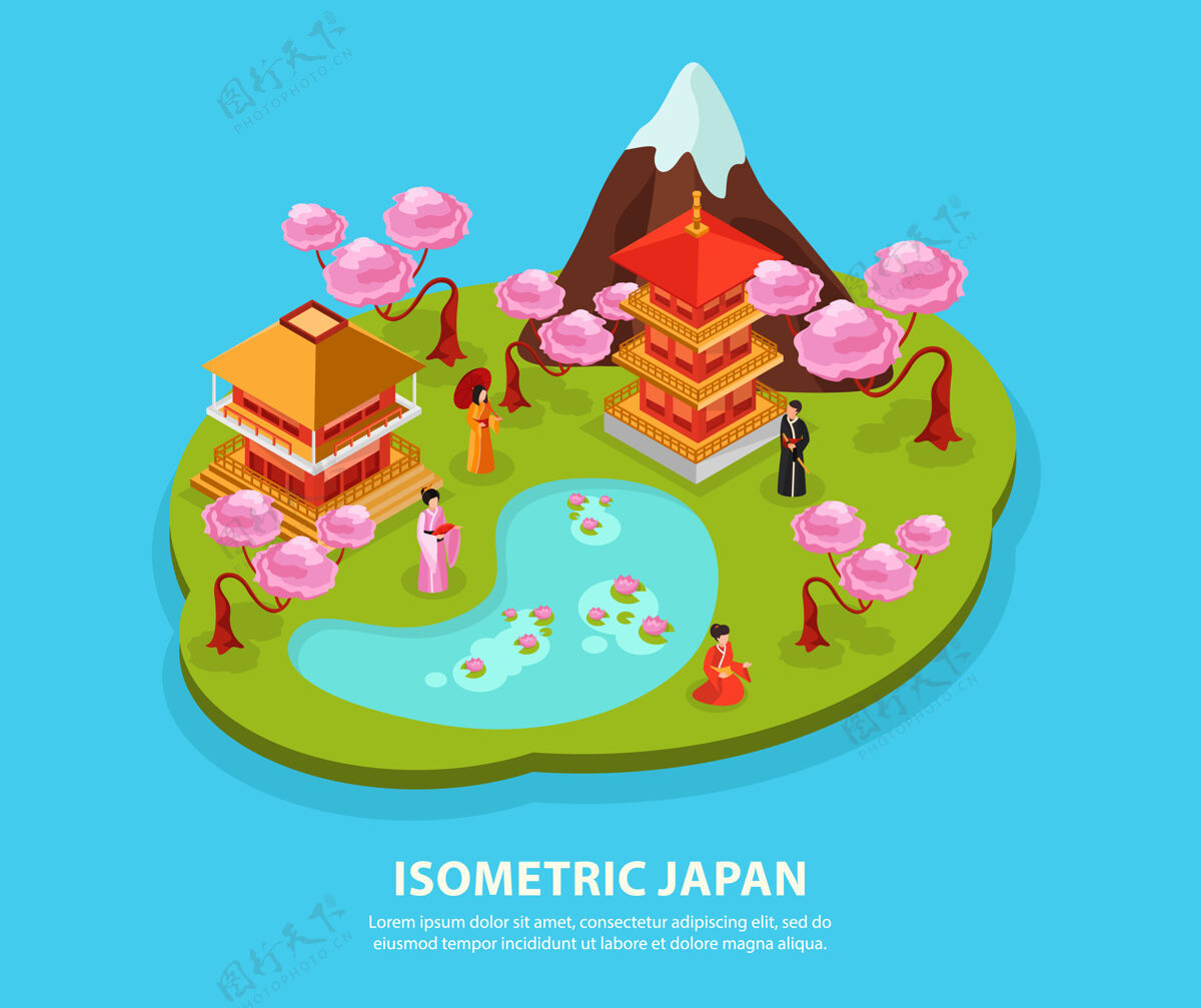 构图日本文化地标旅游景点等距组成富士山樱花寺鲤鱼和服鲤鱼地标文化