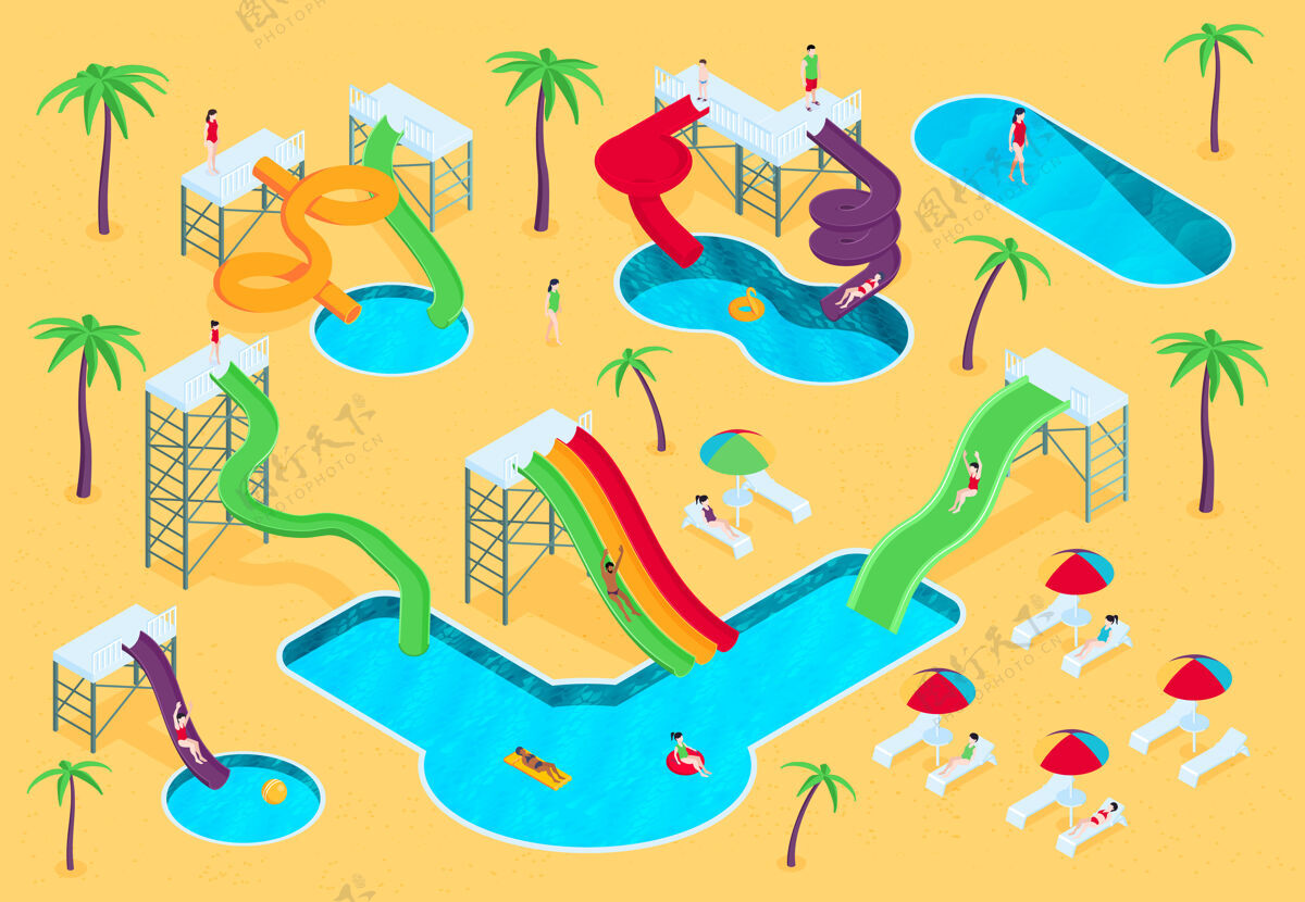 游戏等距水上公园组成的户外海滩与棕榈设备色彩滑梯