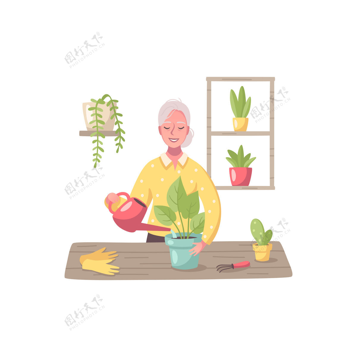 卡通爱好动画片构图 以老年妇女为女性角色 爱护家中的植物工艺爱好剪贴画