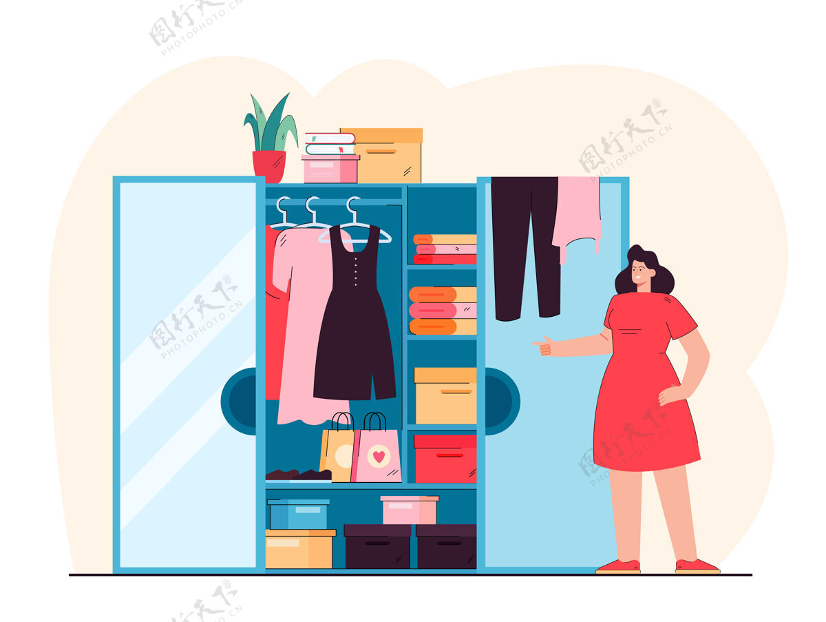 衣架微笑的女人站在敞开的衣柜前平面插图休闲人思考