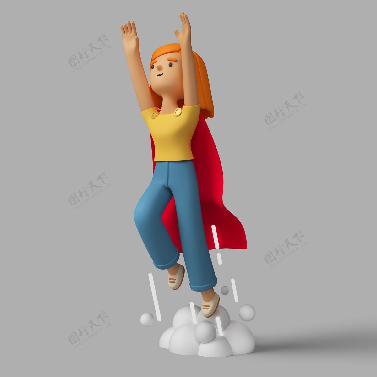 超级英雄三维女性角色与超级英雄斗篷发射升空卡通女性人物