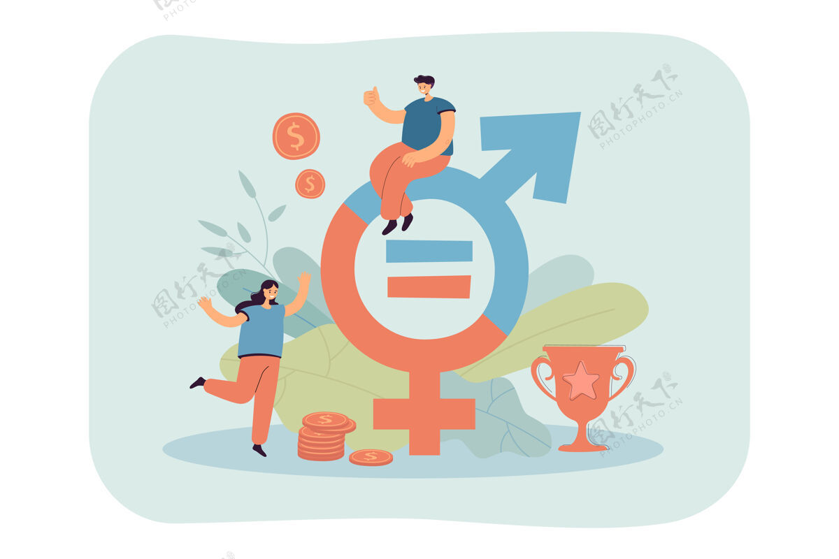 女权主义小人物靠近金钱和性别标志平面插图正义男人事业