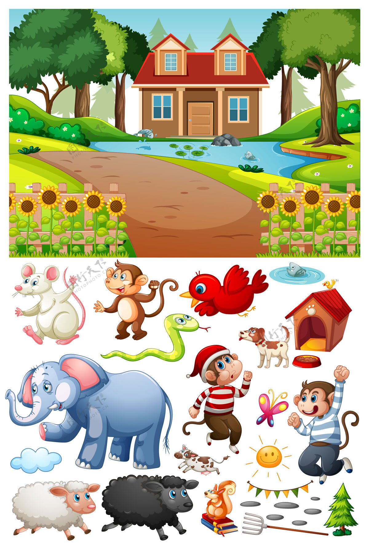 家庭一个房子在自然场景与孤立的卡通人物和对象猴子狗农场