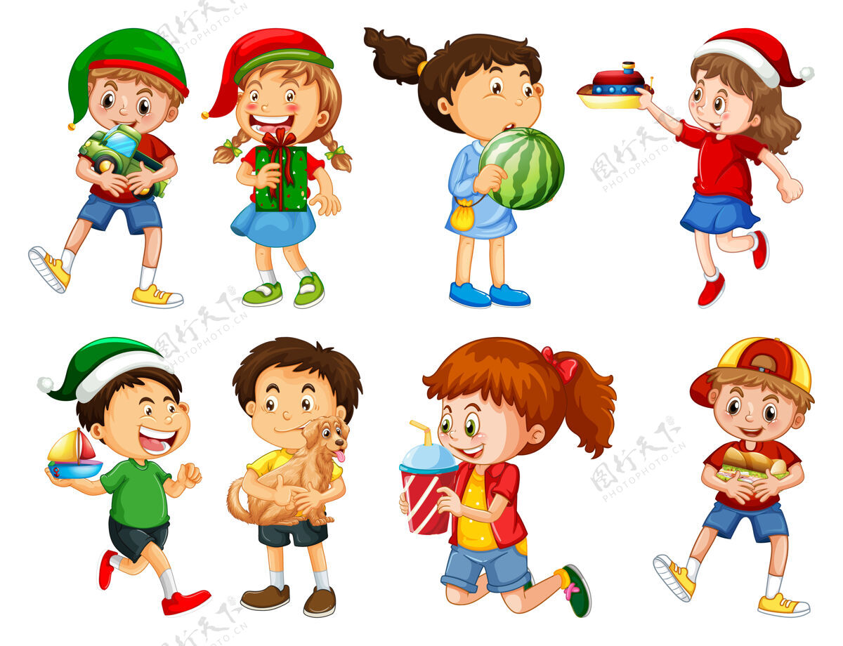 快乐一组不同的孩子玩他们的玩具卡通人物隔离在白色背景上游戏活跃青年