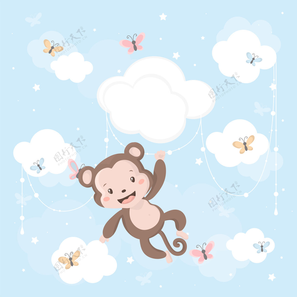 可爱云上可爱的小猴子卡通绘画蓝色