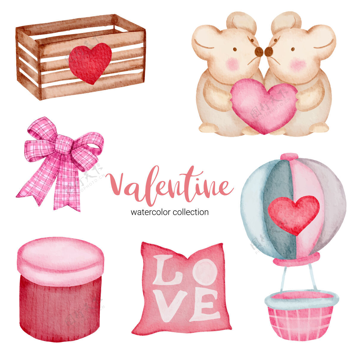 浪漫情人节套装元素枕头 气球 鼠标等设置浪漫水彩