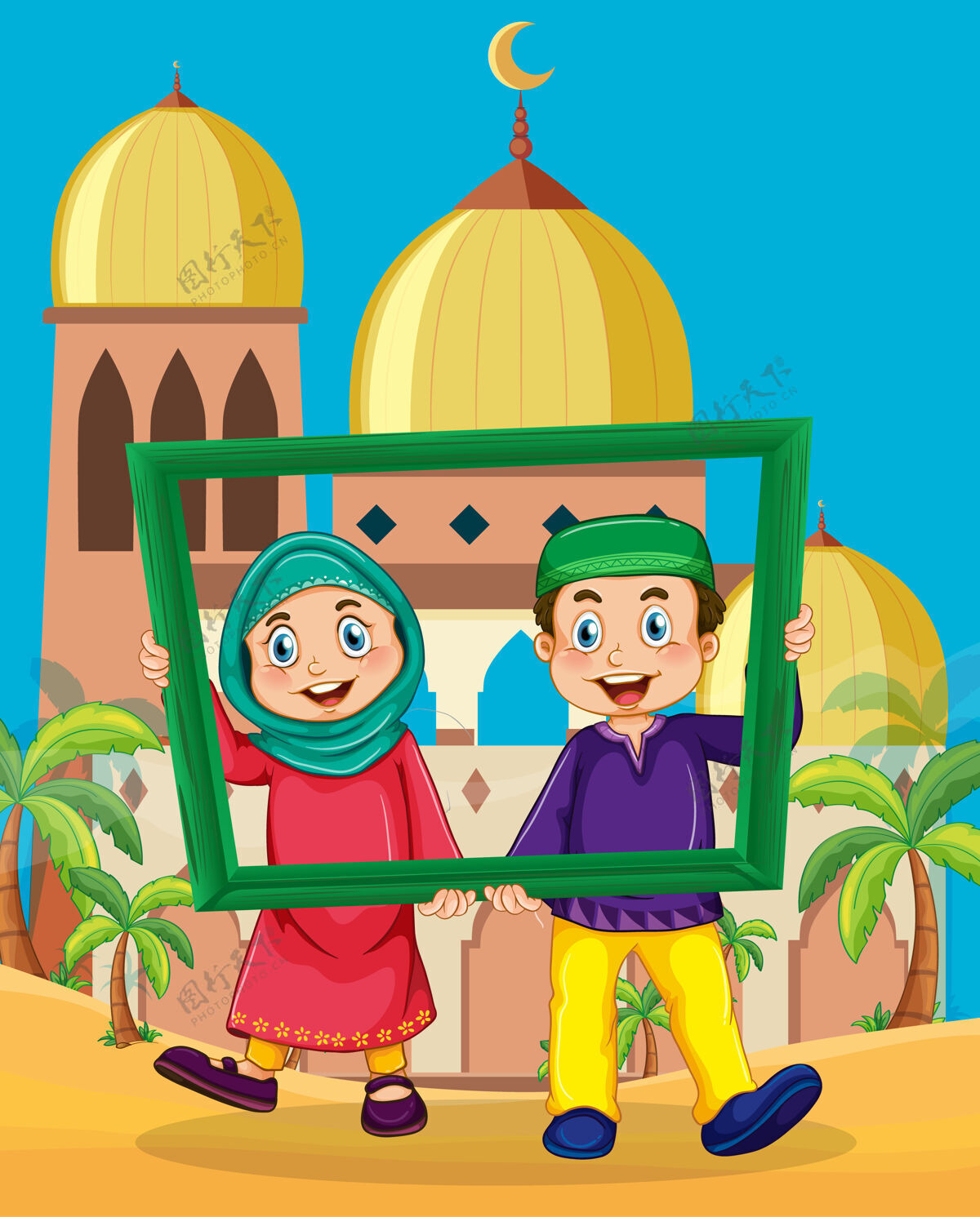 记忆穆斯林夫妇拿着相框在清真寺前插画图片人类伊斯兰