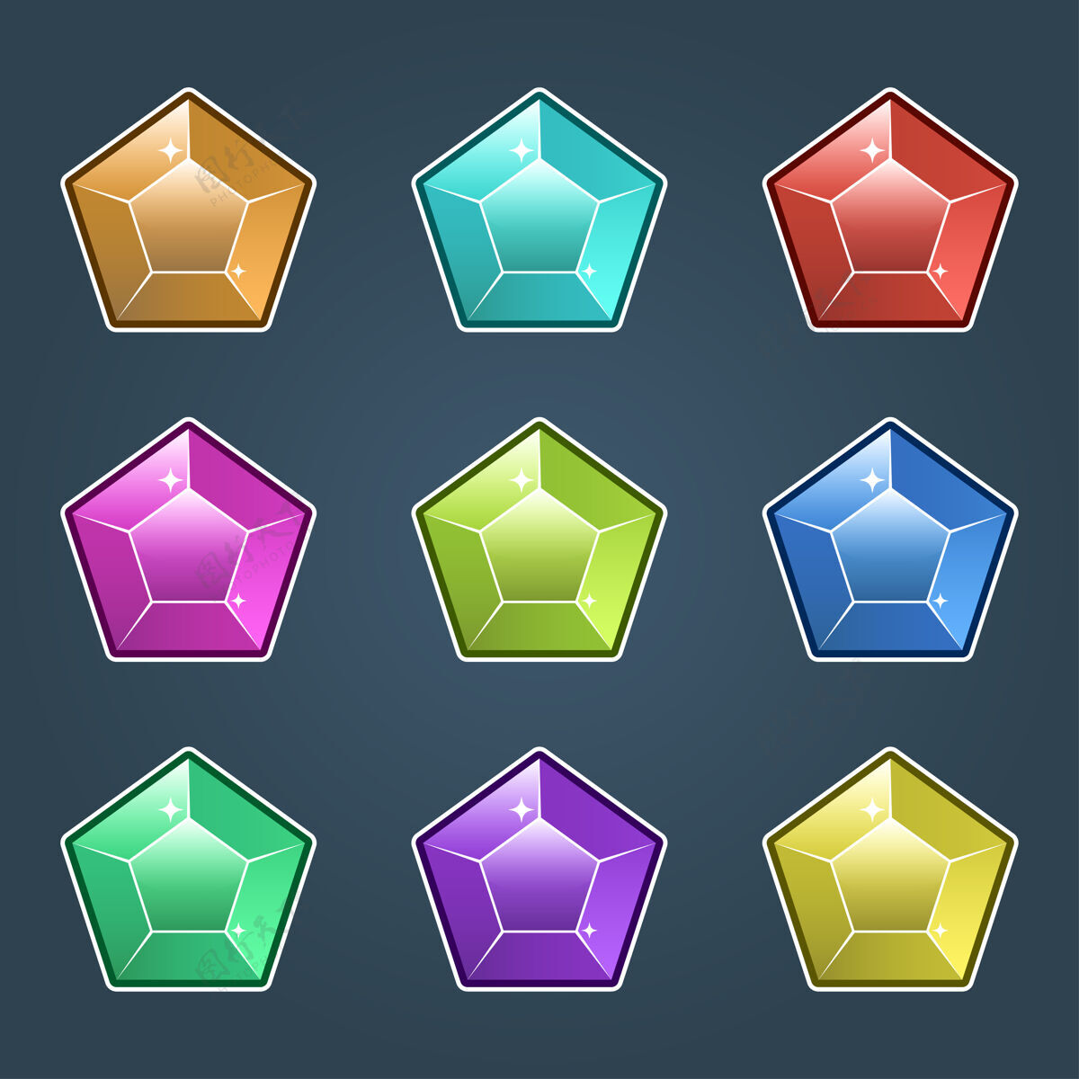 游戏五颜六色的珠宝集 宝石和钻石图标隔离 不同颜色的平面设计颜色集钻石