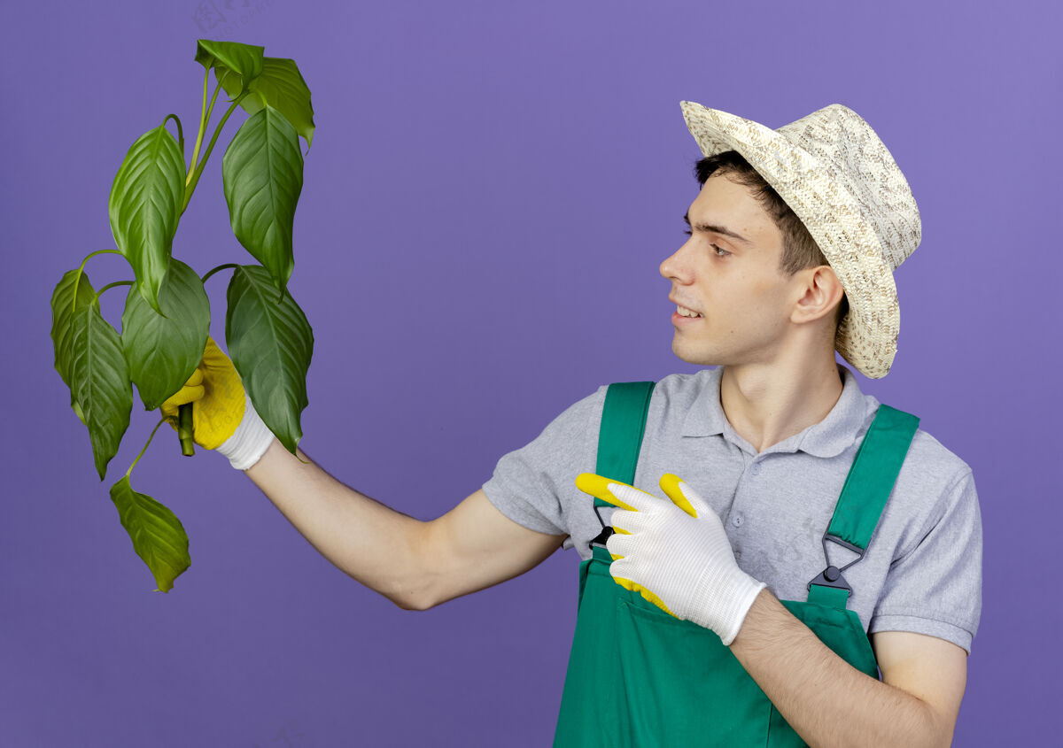 男高兴的年轻男园丁戴着园艺帽和手套拿着并指着植物年轻花园持有