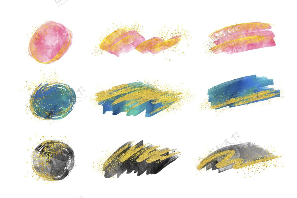 黄金手绘水彩笔笔触收藏与黄金和闪光闪光笔画水彩画染色