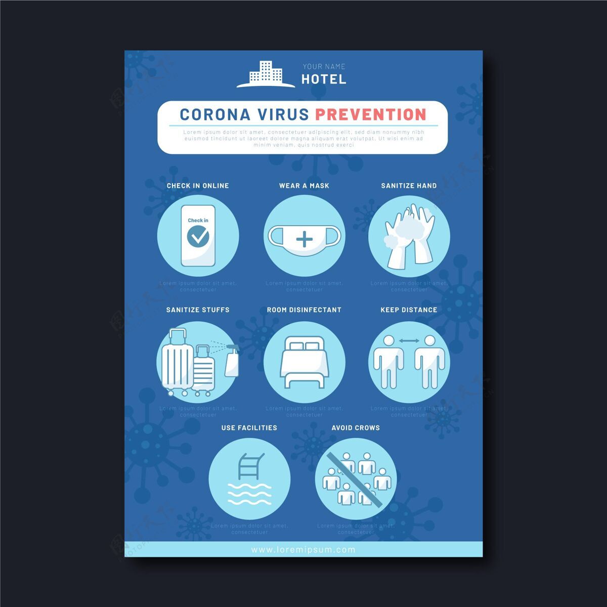健康有机平面冠状病毒预防海报模板酒店疾病预防大流行